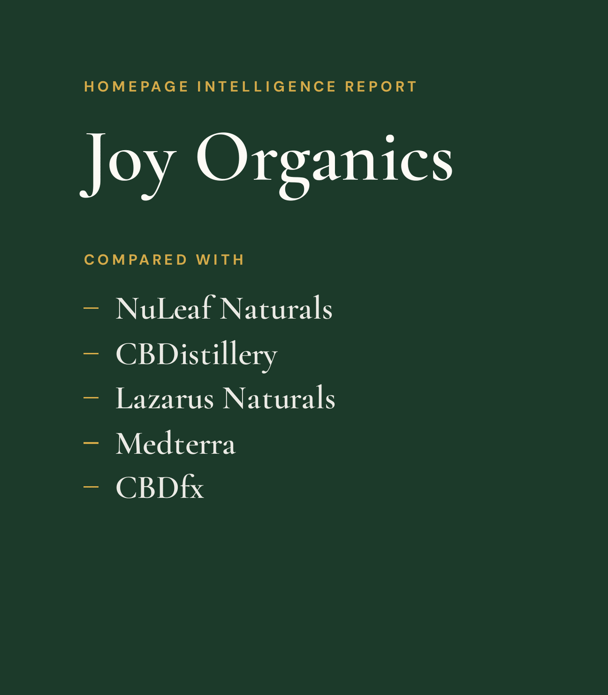 Cover of the Homepage Intelligence Report for Joy Organics, compared with NuLeaf Naturals, CBDistillery, Lazarus Naturals, Medterra and CBDfx